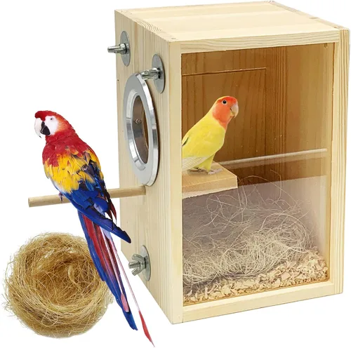 Vista 10 de BNOSDM Caja de nido de periquitos Caja transparente de cría de aves Cajas nido de madera natural jaula para pájaros (S)