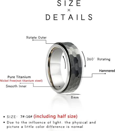 Vista 7 de TGNEL Mens Wedding Bands Hammered Titanium Fidget Ring 8mm, Rose GoldBlack Ceramic Anxiety Rings for Men Comfort fit Size 7-14
