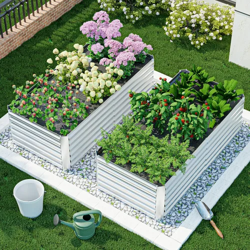 Vista 3 de Cama de jardín elevada para exteriores de 8 x 4 x 2 pies, macetas grandes de metal elevadas, macetas para plantas al aire libre para verduras