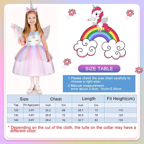 Vista 7 de Geyoga Vestido de princesa de unicornio para niñas, disfraz de unicornio arcoíris con diadema, varita justa, accesorios de joyería
