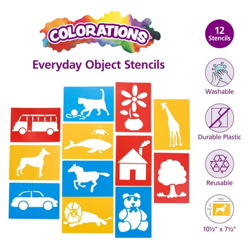Vista 2 de Colorations Plantillas grandes de plástico lavable para objetos cotidianos, juego de 12