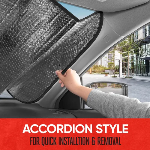 Vista 5 de Motor Trend Parasol Plegable de Acordeón Negro para Parabrisas de Automóvil - Visera Solar Opaca para Parabrisas de Automóvil - Parasol Plegable