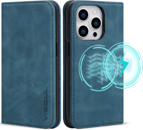 Vista 15 de VISOUL Funda de cuero para iPhone 15 Pro Max, funda tipo cartera de piel auténtica con ranuras para tarjetas, función atril, a prueba de golpes