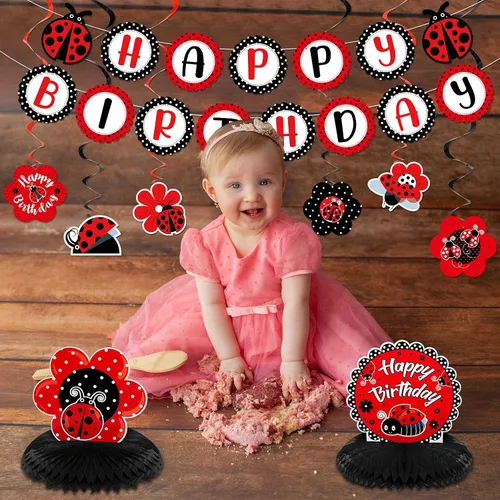 Vista 6 de Kit de decoración de fiesta de cumpleaños de mariquita, pancarta de cumpleaños de mariquitas, panal, centro de mesa, decoración de remolinos