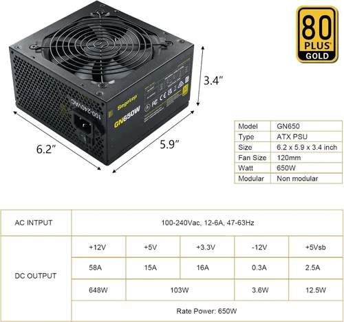 Vista 6 de Segotep 650W 80 Plus Gold Certificado No Modular ATX Fuente de Alimentación con Conectores de 6+2 Pines Protección PFC y Cumplimiento RoHS