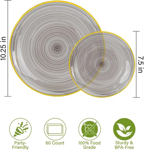 Vista 3 de Morejoy - 60 platos de plástico negro, platos desechables negros con borde dorado Black and Gold Plastic Plates, Modern swirl design Plates