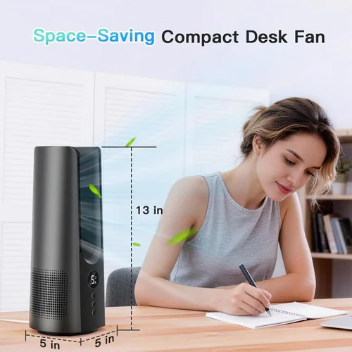 Vista 2 de 13 Inch Desk Fan, Portable Bladeless Fan, Small Quiet Table Fan with 60°Oscillating, 5 Speeds & 9H Timer, LED Display, Button Control, Easy to