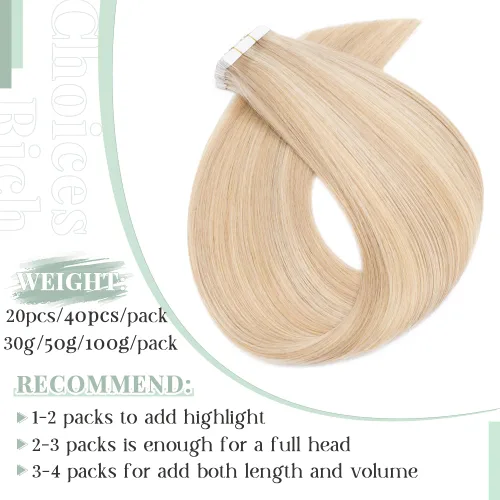 Vista 3 de Extensiones de cabello humano con cinta adhesiva invisible, sin costuras, doble cara, extensiones de cabello humano recto natural de Remy