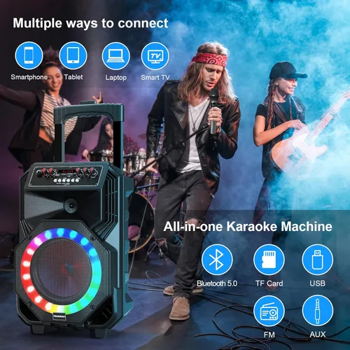 Vista 7 de Máquina de karaoke con 2 micrófonos inalámbricos, ruedas giratorias y carrito – Altavoz Bluetooth portátil de 8800 mAh, sistema PA con luces, graves