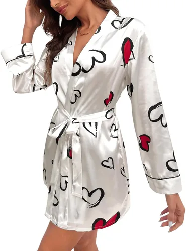 Vista 4 de GORGLITTER Batas de seda para mujer, con estampado de corazón, cortas, ligeras, de satén, para dama de honor