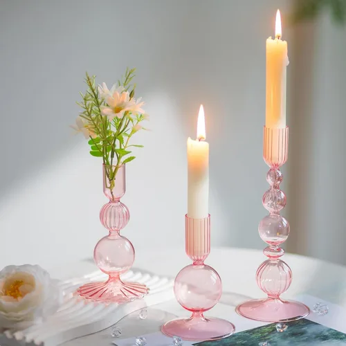 Vista 9 de Hewory Juego de candelabros de cristal: 3 portavelas marrones para velas a granel, candelabros acanalados de cristal, decoración para centro