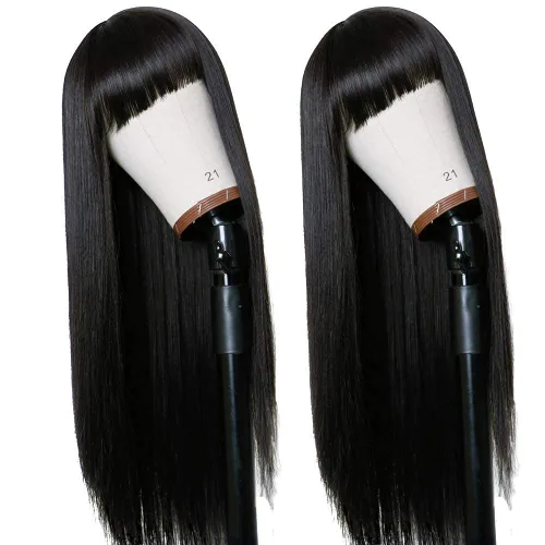 Vista 3 de Pelucas de cabello Remy largo y lacio, color negro natural, resistente al calor, peluca completa a máquina con flequillo, peluca de fiesta