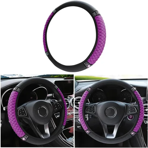 Vista 18 de Funda de cuero suave para volante, 15 pulgadas, con diamantes de imitación coloridos, protector de volante elástico automático, diamante de cristal