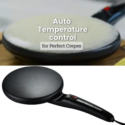 Vista 3 de Crepe Maker Eléctrico, sartén antiadherente de 8 pulgadas con esparcidor de masa y bandeja de inmersión, calentamiento rápido de 800 W y control
