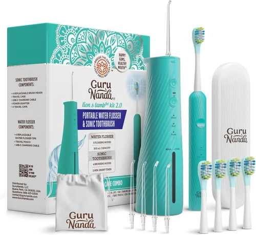 Vista 10 de GuruNanda Lion & Lamb Kit 2.0, cepillo de dientes eléctrico con hilo dental de agua, 4 puntas de chorro, 4 cabezales de cepillo y diseño impermeable