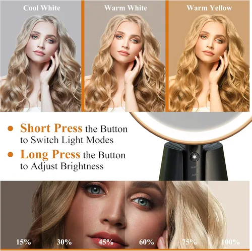 Vista 5 de NeuType Espejo redondo con luces, espejo de maquillaje iluminado con aumento de 10X, espejo de tocador LED de mano con botón inteligente, rotación