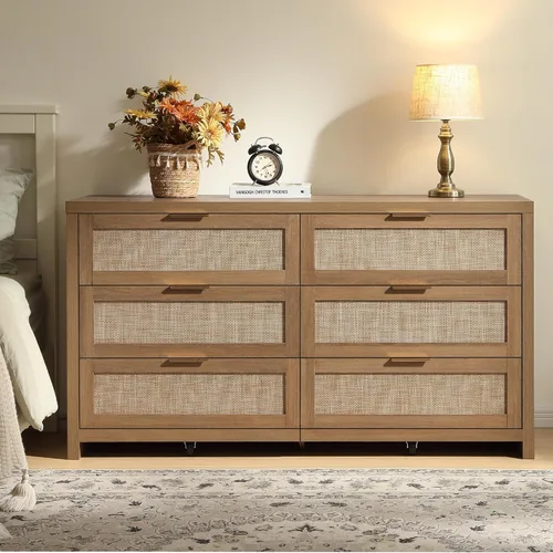 Vista 4 de SICOTAS Cómoda de ratán para dormitorio, cómoda de 57 pulgadas de ancho con 6 cajones con amplio almacenamiento, cómoda grande, armario, soporte