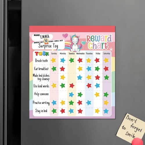 Vista 9 de Tabla de recompensas para niños – Tabla de comportamiento magnética de unicornio para niños, almohadilla con 26 tablas de tareas, calcomanías