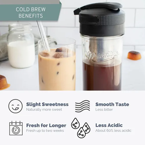 Vista 3 de Masontops Kit para preparar café frío – Cafetera helada de lujo con jarra de vidrio y filtro de malla de acero inoxidable – Sistema de nevera fácil