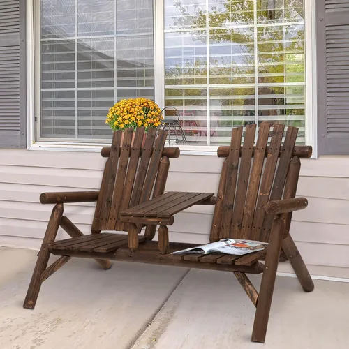 Silla Adirondack de madera de 2 asientos, juego de sillas para exteriores con mesa auxiliar central, silla Adirondack de dos plazas al aire libre