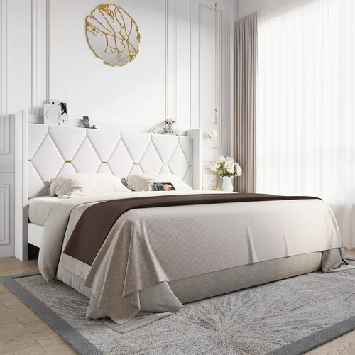 Vista 11 de Allewie Base de cama tapizada de terciopelo tamaño completo con cabecera de almacenamiento con respaldo de alas y estación de carga, cama