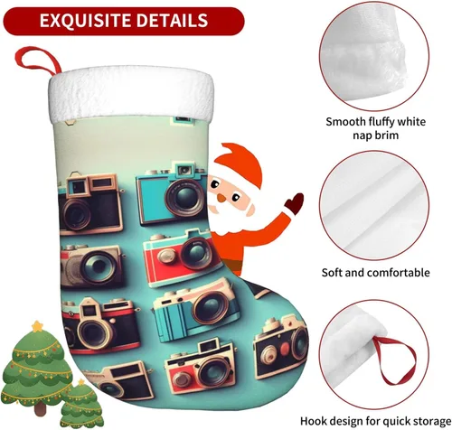 Vista 5 de Retro Cool Camera Collection - Calcetines de Navidad grandes para decoración familiar, mantel de árbol, vacaciones