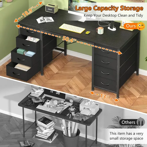 Vista 5 de Escritorio para computadora de 50 pulgadas con 8 cajones, escritorio para oficina en casa con tomas de corriente, escritorio de trabajo, estudio