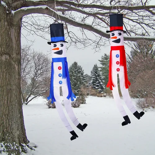 Vista 4 de 2 calcetines de viento de muñeco de nieve 3D para colgar al aire libre, calcetines de viento decorativos para invierno, Hanukkah, Navidad