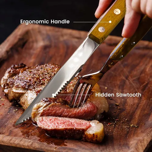 Vista 4 de Daily Treasures Juego de utensilios para el hogar con mango de madera, 40 piezas de cubiertos de acero inoxidable para 8 personas, tenedor