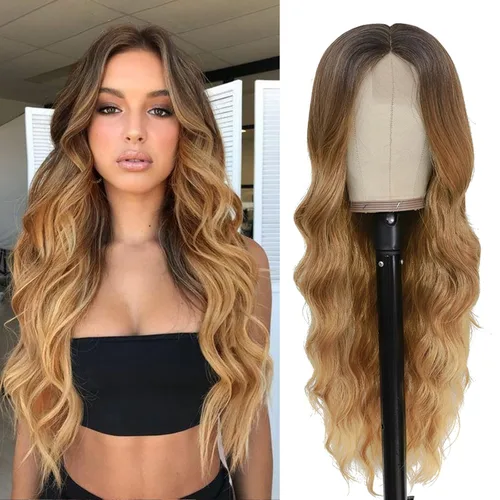 Vista 35 de NAYOO Pelucas marrones con flequillo para mujer, pelucas de cabello largo y ondulado, resistentes al calor, pelucas de fibra sintética para uso