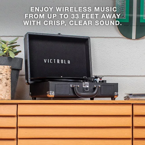 Vista 5 de Victrola Journey - Tocadiscos portátil de maleta con Bluetooth, con altavoces integrados, reproductor de discos de vinilo de 3 velocidades, salida