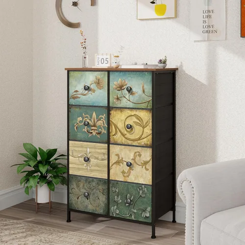 Vista 5 de Tohomeor Cómoda de Almacenamiento Estrecha Cómoda Delgada con Cajones de Tela de Flores Retro Gabinete Vertical Delgado para Espacios Pequeños