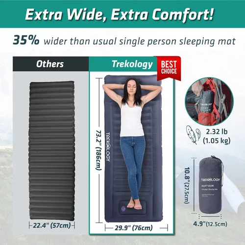 Vista 3 de TREKOLOGY Colchoneta para dormir para camping – Colchoneta Infaltable – 73.2 x 29.9 pulgadas Premium con bomba incorporada, almohada de soporte