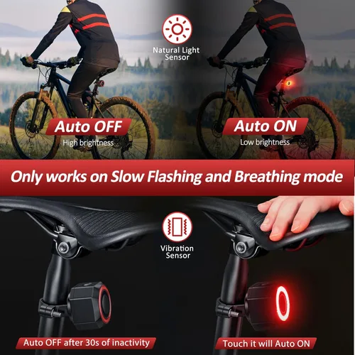 Vista 5 de Alarma de bicicleta con control remoto, luz trasera de bicicleta y luz de freno encendido/apagado automático USB-C recargable, sistema de alarma