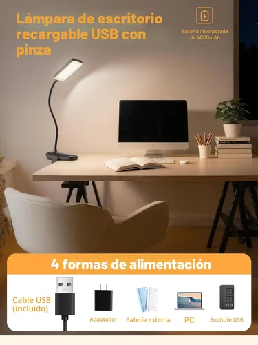 Vista 5 de Luz con clip, 9 niveles de brillo + 5 colores, lámpara de escritorio recargable, luces con batería de 4000mAh, lámpara de escritorio LED de 450