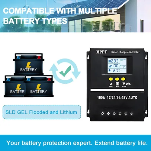 Vista 4 de Controlador de carga solar MPPT de 100 A, 12 V, 24 V, 36 V, 48 V, pantalla LCD, regulador inteligente, entrada máxima de 100 V, USB dual