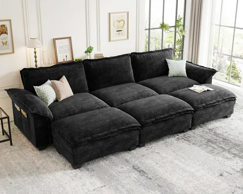 Vista 38 de KKL Sofá cama modular seccional, sofá de nube de 4 plazas con otomana, sofás seccionales de felpilla para sala de estar, apartamento, beige