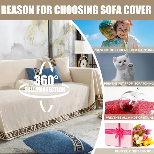Vista 2 de Funda beige de felpilla para sofá de 3 cojines, funda universal para sofá para perros y gatos, lavable a máquina, fundas duraderas para muebles