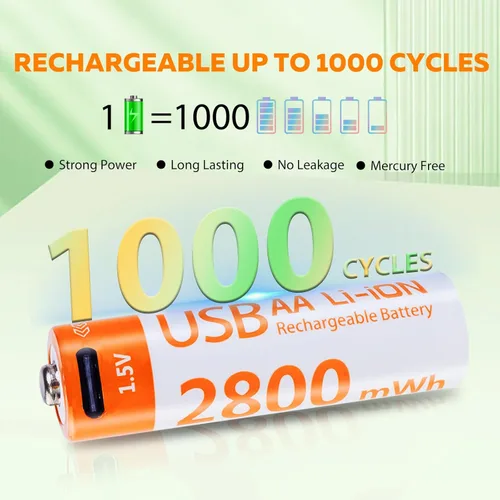 Vista 2 de Baterías de litio AA recargables, paquete de 4 baterías AA de iones de litio de 1.5 V 2800 mWh, 1000 ciclos de iones de litio doble A con cable
