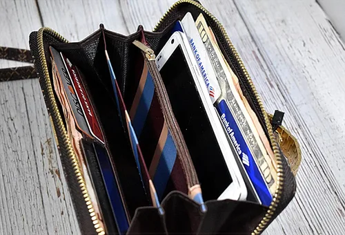 Vista 5 de Cartera de diseñador para mujer con bloqueo RFID, cartera de cuero DA, cartera grande para teléfono, bolso de viaje, cartera de muñeca para mujer