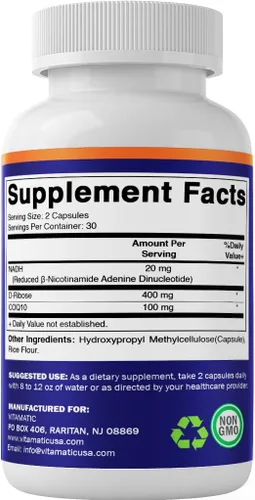 Vista 8 de Vitamatic NADH 20 mg con D-ribosa y CoQ10 - 60 cápsulas, dinucleótido de adenina B-nicotinamida, sin OMG, sin gluten