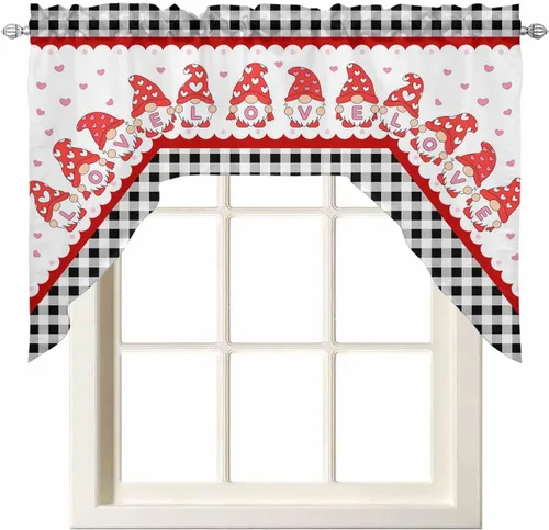 Vista 18 de BEMIGO Cortinas de cocina lindas de gnomos de San Valentín para pareja, juego de cortinas y cenefa para ventana de cocina, cenefa de bolsillo