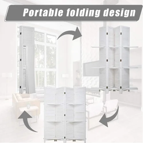 Vista 5 de [Usado] FDW Divisor de habitación de 4 paneles, pantalla plegable de madera de privacidad con tres estantes inteligentes, divisor de madera portátil