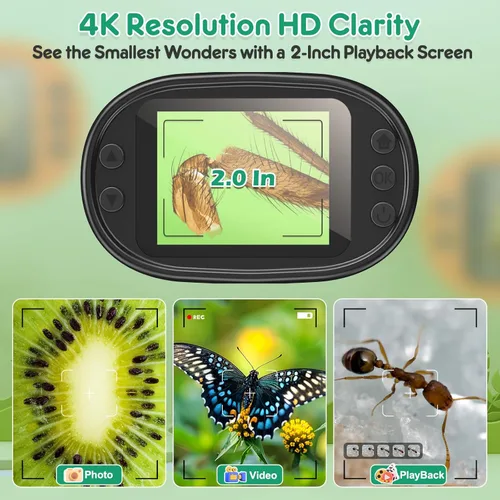 Vista 3 de Microscopio portátil 1000X para niños, pantalla 4K de 2.0 pulgadas, mini microscopios digitales de bolsillo recargable, kit de diapositivas