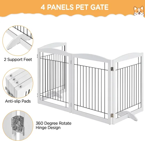 Vista 6 de Yaheetech Puerta para perros de 32 pulgadas de alto, extra ancha, para mascotas, plegable para interiores, valla de seguridad de alambre y madera