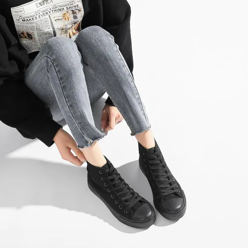 Vista 6 de Tenis de lona para mujer de caña alta con cordones, zapatos casuales para caminar