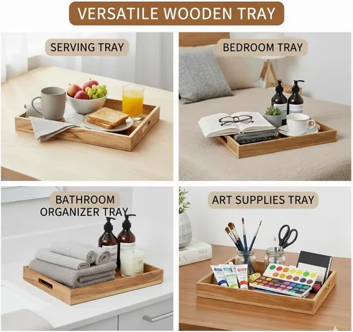 Vista 2 de Mela Artisans Bandeja de madera para servir con asas, 15 x 10 x 1.75 pulgadas, bandeja decorativa de madera de mango, bandeja otomana, aperitivos