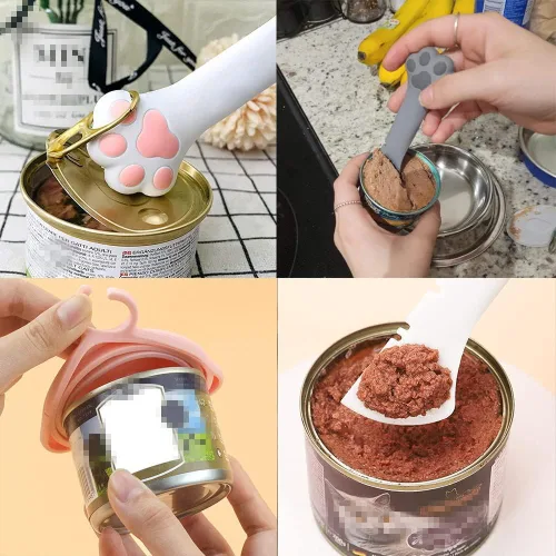 Vista 16 de Juego de 4 suministros de latas de comida para mascotas, tapas universales de silicona para latas de gatos, espátula 2 en 1, abridor de latas