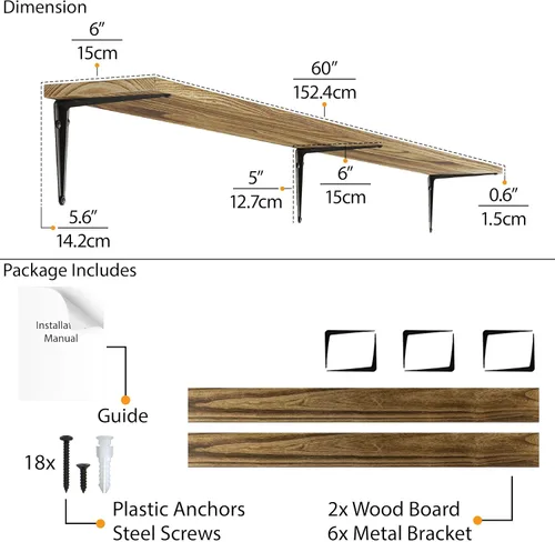Vista 3 de Wallniture Arras - Estantes flotantes de 60 pulgadas de largo para sala de estar, estantes de pared rústicos, decoración de dormitorio, estante