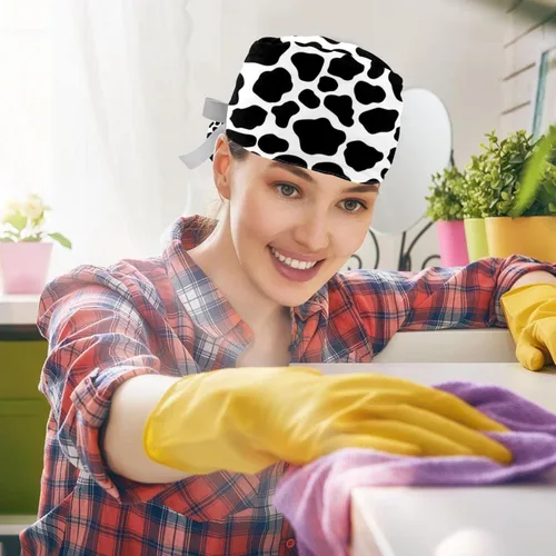 Vista 5 de DHH166 2 paquetes de gorras de trabajo con botones, banda para el sudor, gorras quirúrgicas ajustables para mujer, estampado de vaca impresa, Multi